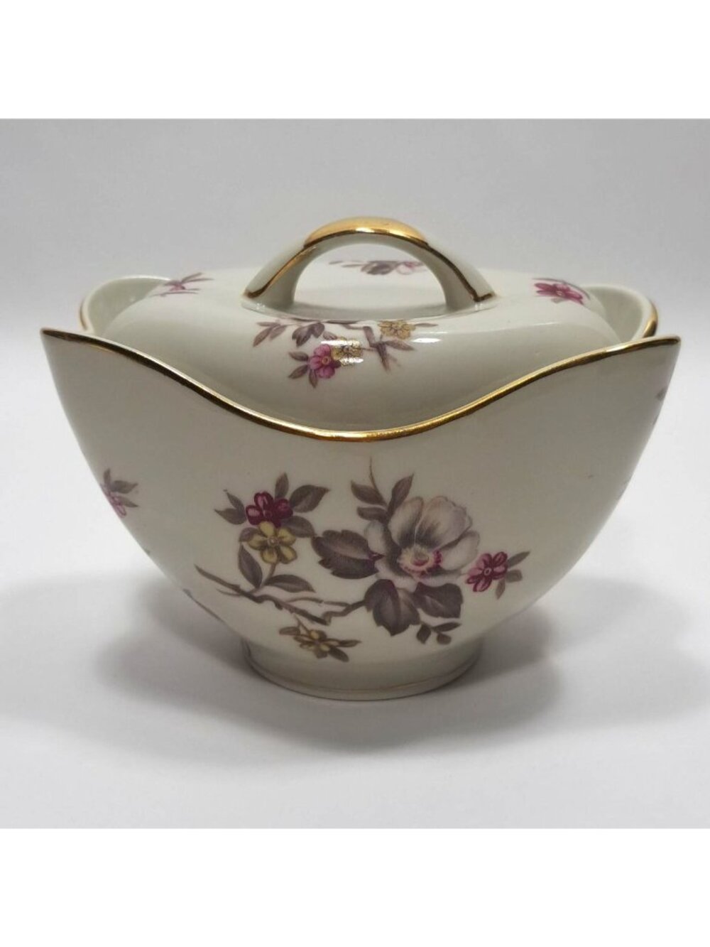 Meito Norleans Rosanne Floral Porcelain Sugar Bowl Lid Gold Trim Vintage